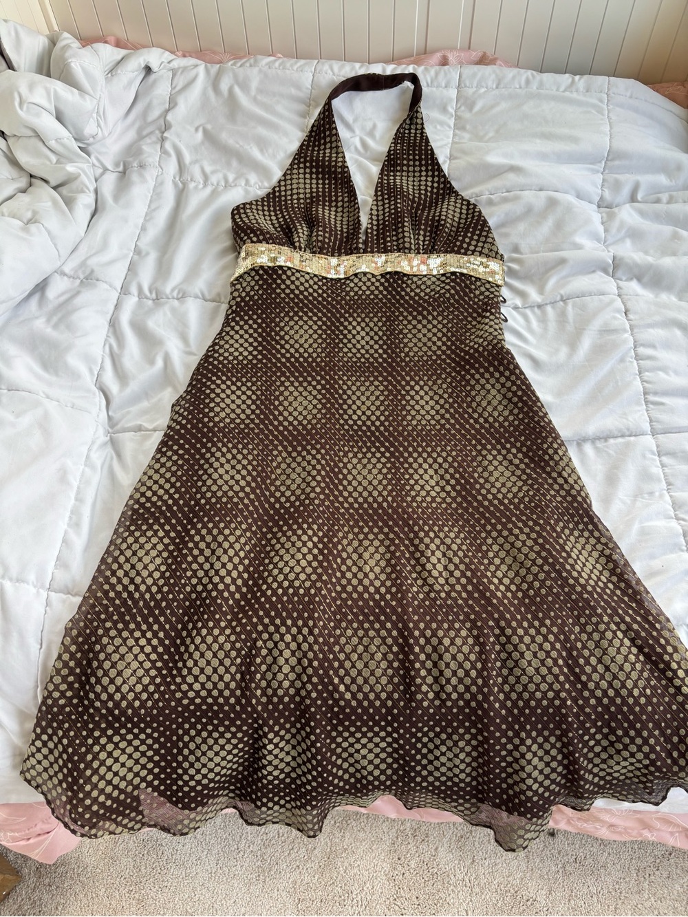 Nell Couture Y2K Brown Gold Dot Halter Dress Sequin Empire Waist Sz 2